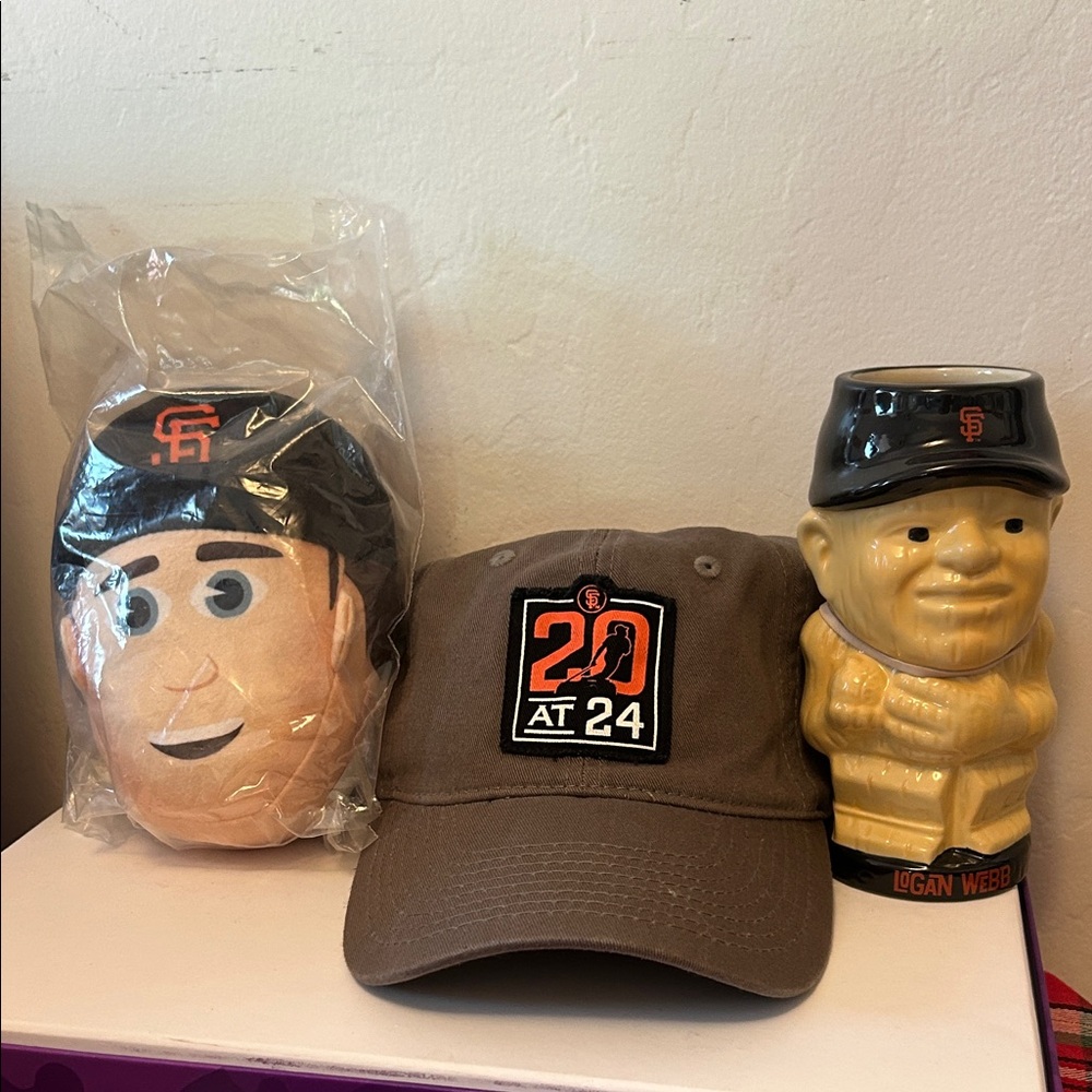 SF Giants Bundle ‘20 at 24’ Baseball Cap, Logan Webb Tiki & Buster Posey Plush